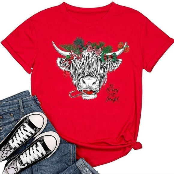 NWT T-Shirt Funny Cute Animal Graphic Tees TopsChristmas Bull Cowgirl Fun - Picture 1 of 2